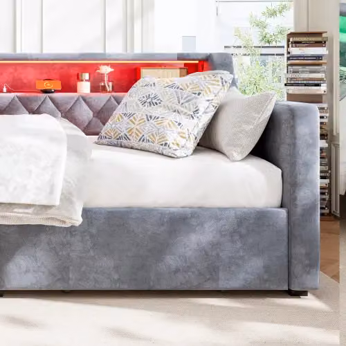 Matteo Grey Velvet Upholstered Single Daybed Sofa Bed with Under-bed Lighting and USB Charging Port W/D/H: 90 x 190 cm – 5