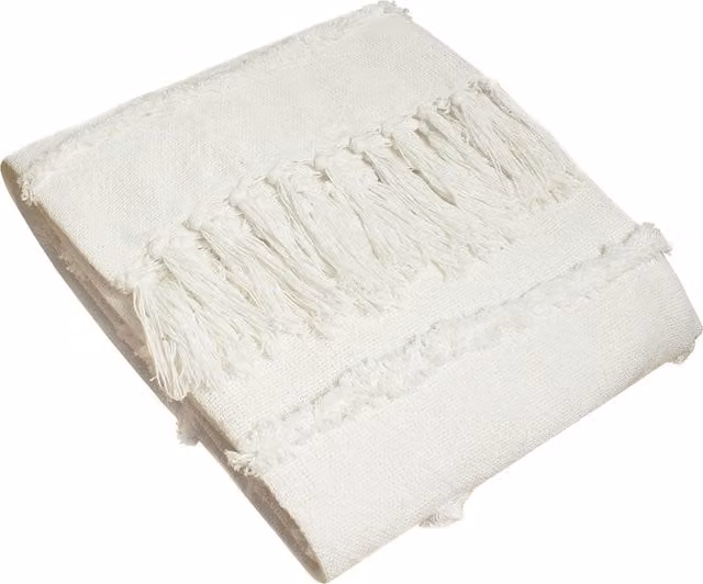 Jakarta Tufted Cotton Throw with Fringes in Natural Beige, Yellow and White