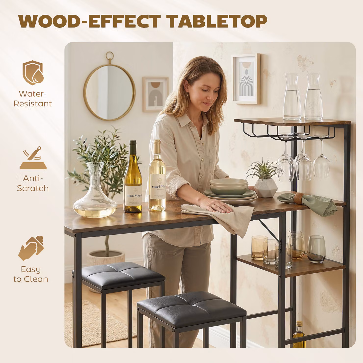 HOMCOM 3 Piece Breakfast Bar Table and Stools Set in Rustic Brown – 6