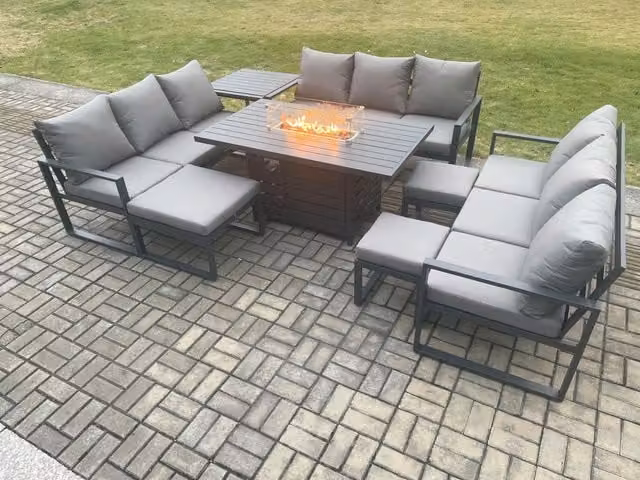 Fimous Aluminium Garden Furniture Set with Gas Fire Pit, Dining Table, 3 Footstools and Side Table in Dark Grey