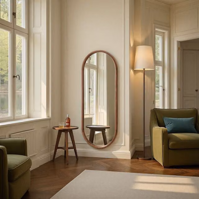 Yearn Oval Solid Oak Full Length Wall Mirror in Brown