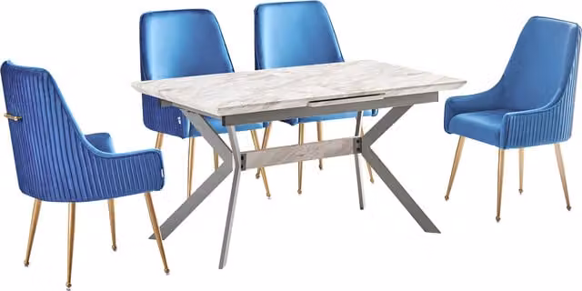 Life Interiors Soho Blaze LUX Dining Set with Rectangular Marble Table and 4 Blue Velvet Upholstered Chairs