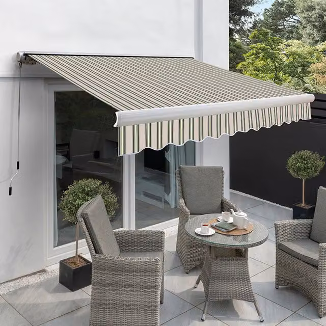 Primrose Full Cassette Electric Patio Awning with Motor, Multi-Stripe Colour, W: 400 cm x D: 300 cm