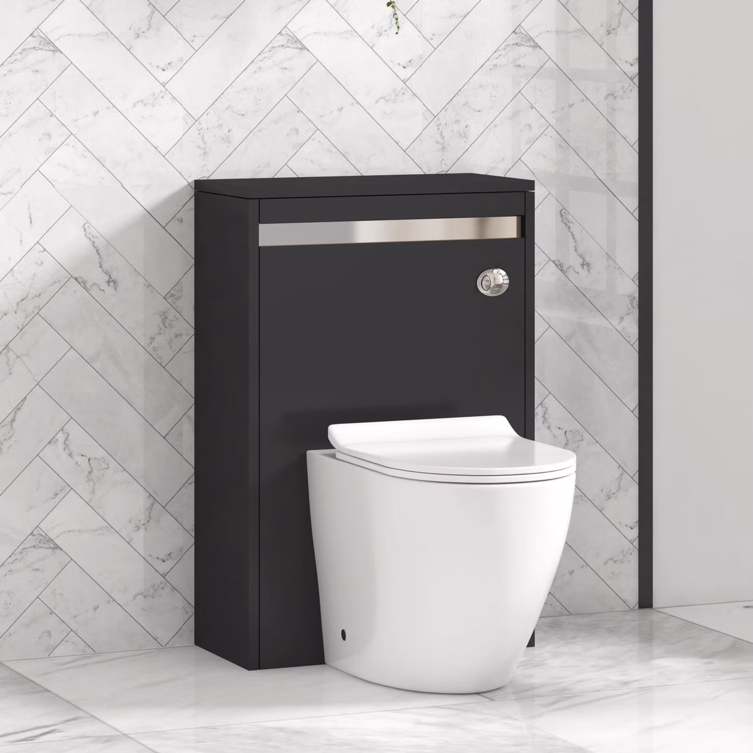 Royal Bathrooms Orion Matt Obsidian Black BTW WC Unit with Elva Rimless Ceramic Toilet Pan, Slim Soft Close Seat and Cistern with Chrome Accent Trim, Width: 54 cm