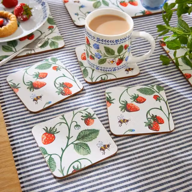 Ulster Weavers Strawberry Patch Absorbent Floral Coasters, Pack of 4, Green, White and Blue – 1