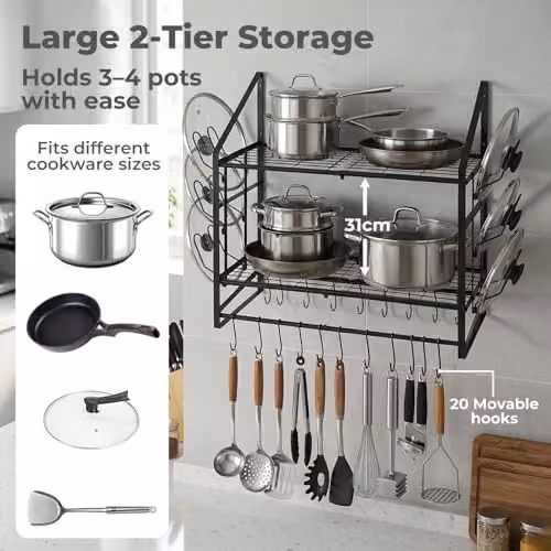 Toque Extra Long Wall Mounted 2 Tier Pot Rack and Pan Organiser in Black with 20 Movable Hooks and 6 Lid Holders, Width: 93.5 cm – 8