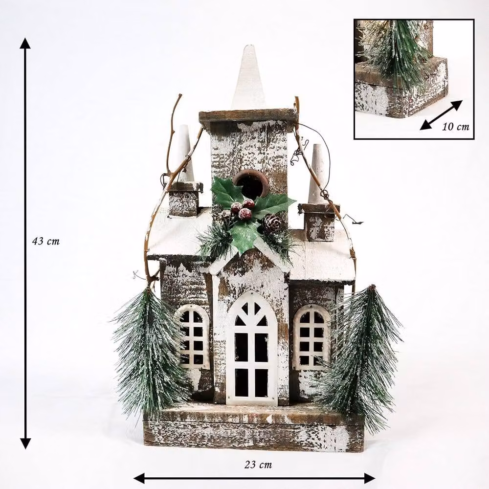 Shatchi Silver Wooden Christmas House Tabletop Decoration with Berries, Pines and Warm White Bulbs – 4