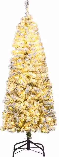 Gymax 150 cm Pre-Lit Slim Pencil Christmas Tree in Green with Thick Snow-flocking – 1