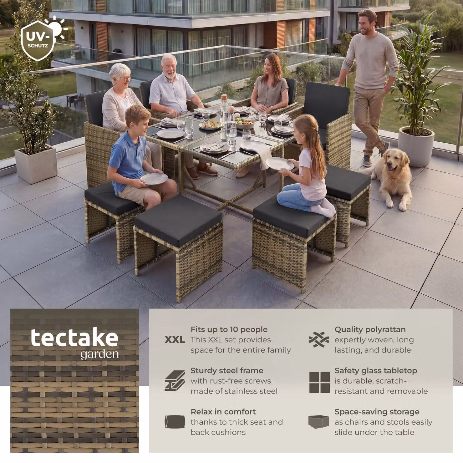 tectake Bilbao Polyrattan Garden Table and Chairs Set with Glass Top in Grey or Brown – 2