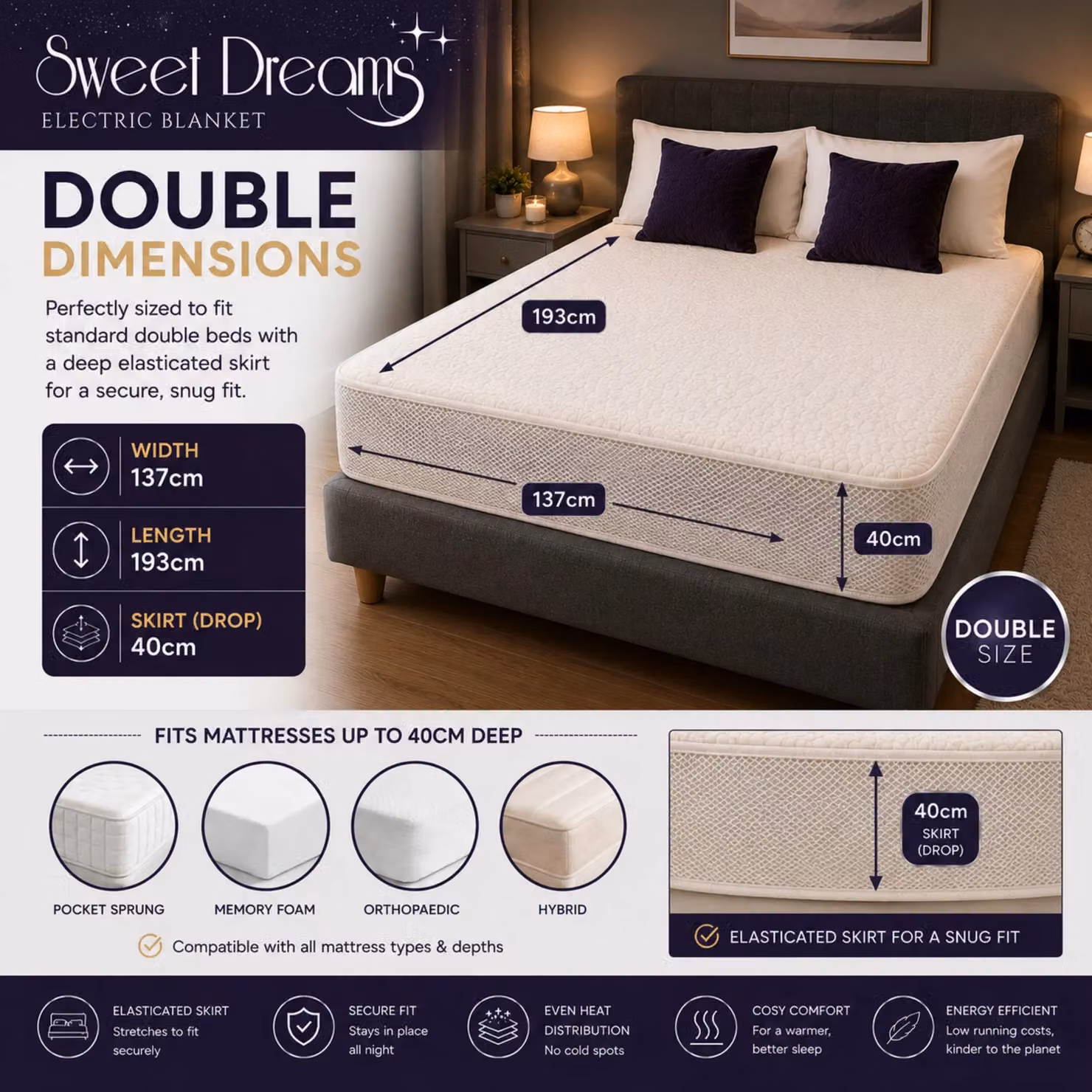 Sweet Dreams White Fleece Heated Double Bed Fitted Mattress Cover, W/D/H: 140 x 200 cm – 2