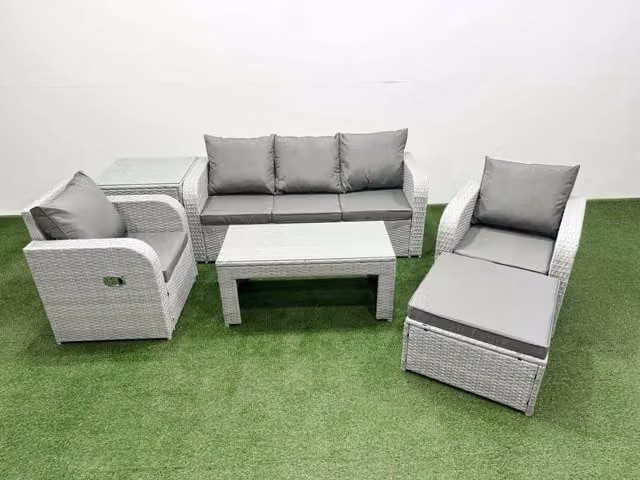Fimous PE Rattan Garden Furniture Set in Light Grey with Reclining Chairs, Sofa, Coffee Table and Ottoman
