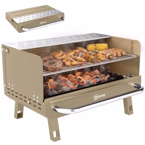 Outsunny Portable Charcoal Tabletop BBQ Grill with Warming Rack and Stainless Steel Grates, Beige – 1