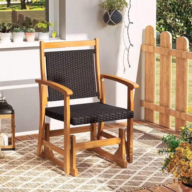 KORVIXA Brown Acacia Wood and Rattan Outdoor Glider Chair for Garden and Terrace, W/D/H: 100 x 100 x 100 cm