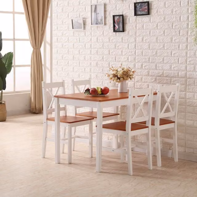 Westwood Solid Pine Rectangular Dining Table and 4 Chairs Set in Brown and White