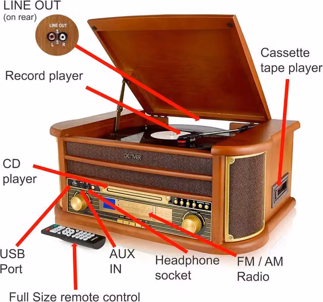 Denver Retro HiFi Record Player with CD, Cassette, FM Radio and USB in Brown Wood