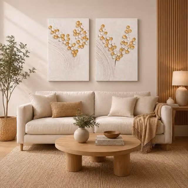 Mafett Set of 2 Abstract Botanical Canvas Wall Art Prints in White, Blue and Gold, W: 60.96 cm x H: 81.28 cm