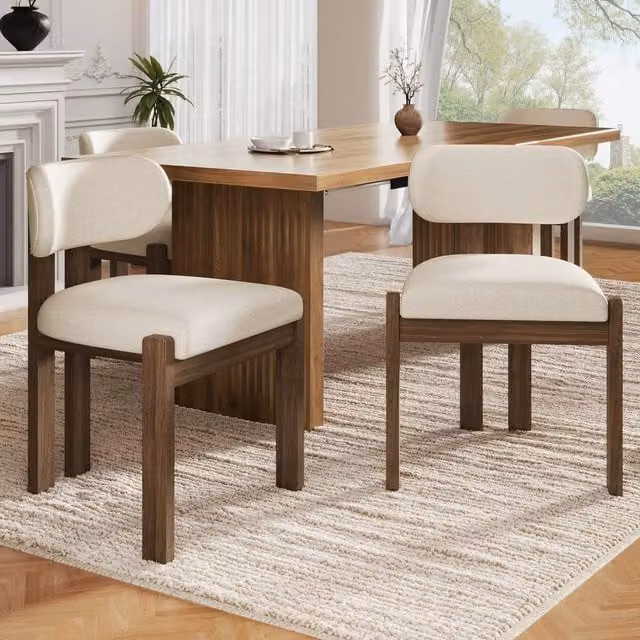 BTM Set of 6 Modern Solid Wood Dining Chairs with Bouclé Fabric in Brown and Beige Walnut Finish