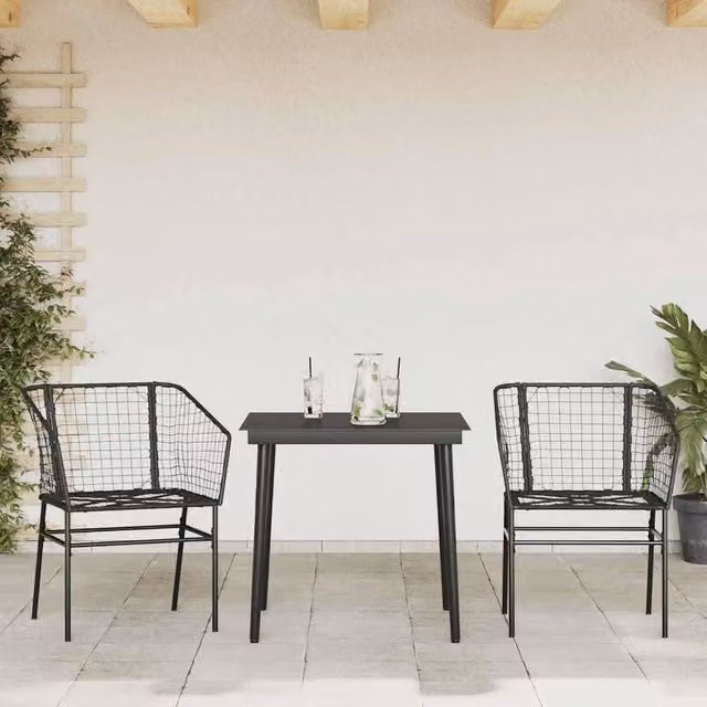 Berkfield Home Beautiful 3 Piece Black Poly Rattan Garden Dining Set with Glass Top