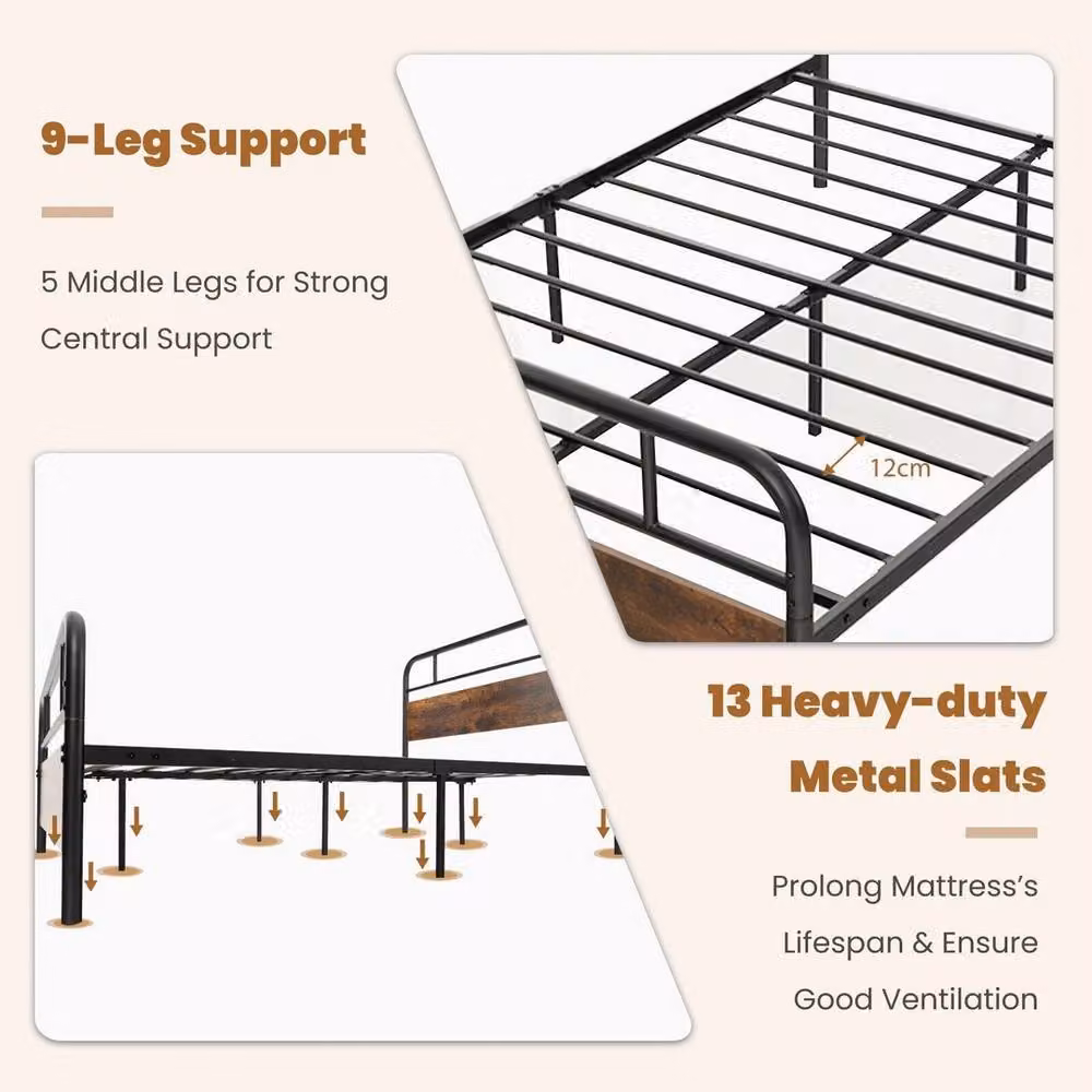 NESTLUNE Heavy Duty Industrial Metal Platform Bed Frame with Headboard in Black, Cot Size – 3