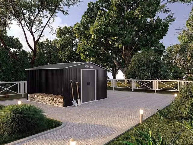 Vente-unique Metal Garden Shed in Dark Grey Galvanised Steel with Double Doors and Gable Roof, 10.29 m2