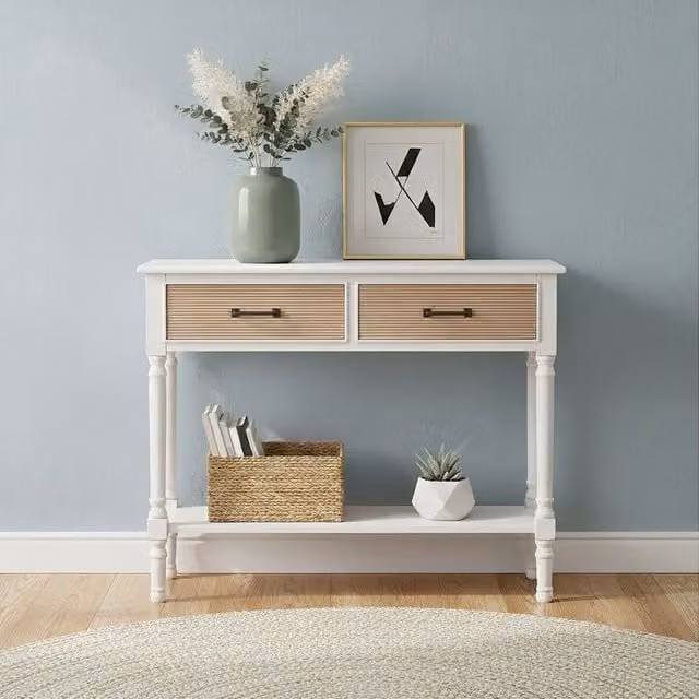 Orsina Two Drawer Pine Wood Console Table in Natural, W/D/H: 91 x 35 x 75 cm
