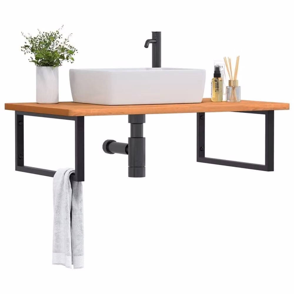 Berkfield Home Wall Mounted Basin Shelf in Brown Steel and Solid Beech Wood