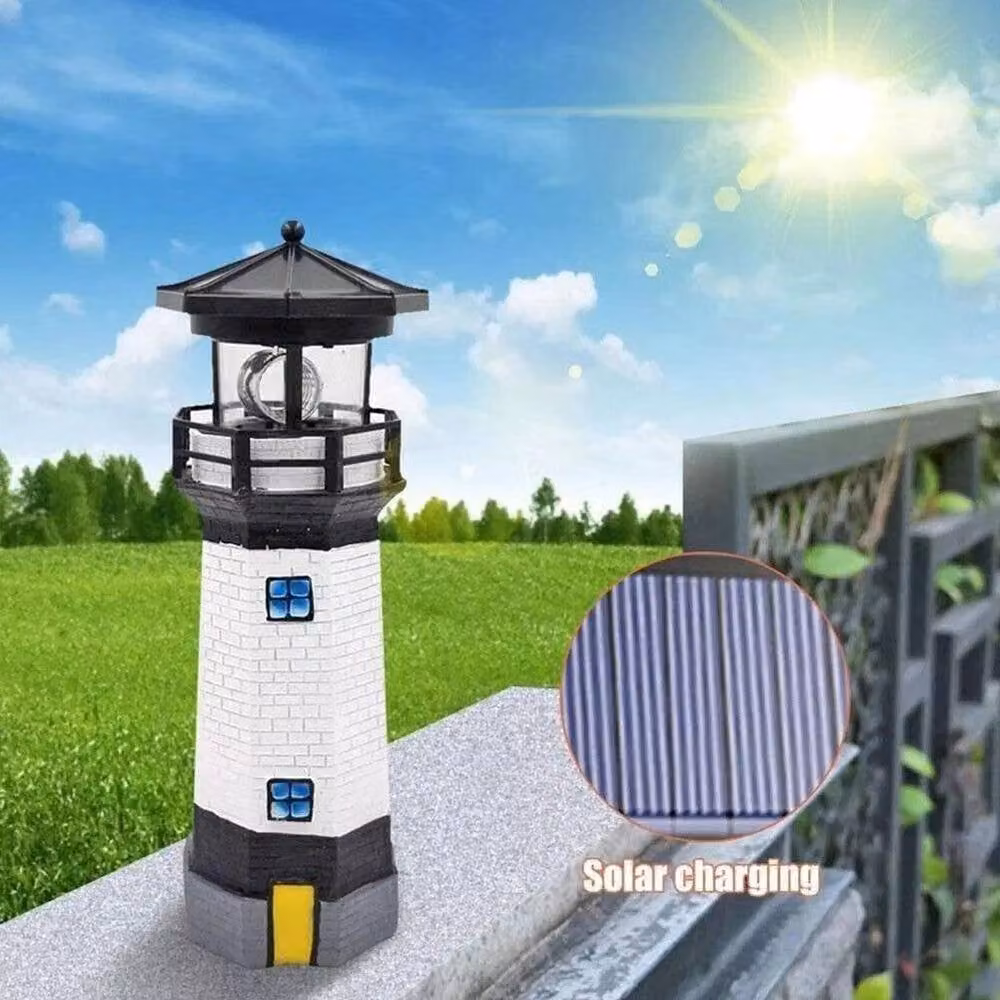 NESTLUNE Solar Powered Rotating LED Lighthouse Garden Lantern in White – 4