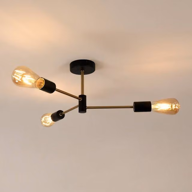 COMELY Industrial Semi Flush Mount Ceiling Light, 3-Light Vintage Metal Design in Black and Gold/Brass with E27 Bulbs – 1