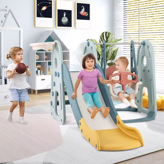 Costway 4-in-1 Kids Slide and Swing Set in Green