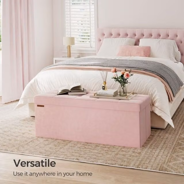 SONGMICS Extra Large Foldable Storage Ottoman Cube Heavy Duty Velvet Bench in Pink – 1