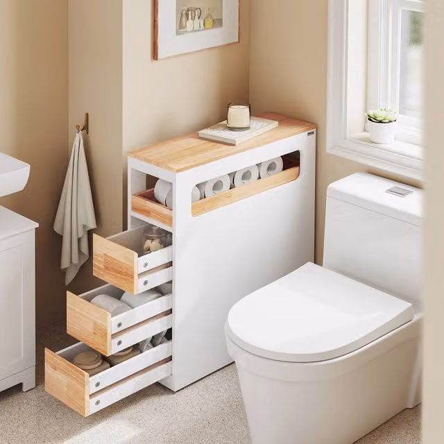SoBuy Narrow White Bathroom Cabinet with 4 Drawers and Roll Holder