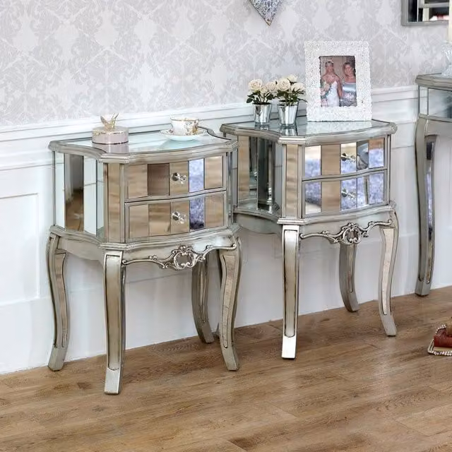 Melody Maison Tiffany Range Pair of Mirrored 2 Drawer Bedside Tables in Metallic Silver – 1