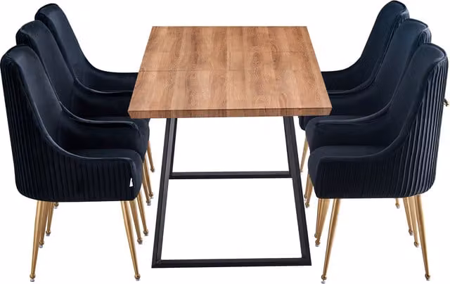 Life Interiors Soho Toga LUX Extendable Dining Set with Rectangular Table and 6 Black Velvet Upholstered Chairs
