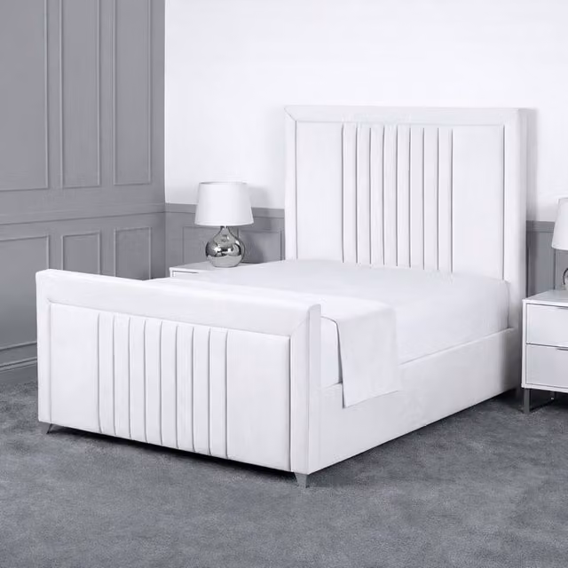 Living Comfort Bedz Celeste Plush Velvet Upholstered Bed with Slatted Base and 48 Inch Headboard in White, Single Size