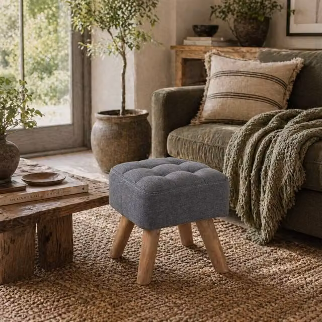 Wyld Haus Sayo Light Grey Linen Look Tufted Diamond Square Footstool – 1