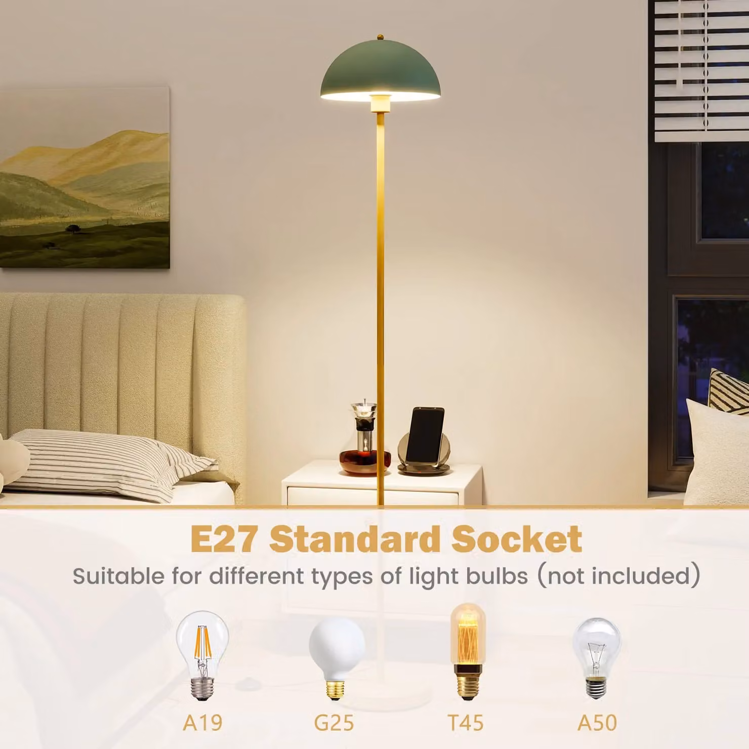Costway Modern Green Metal Floor Lamp with Adjustable Dome Head and Gold Brass Accents – 3