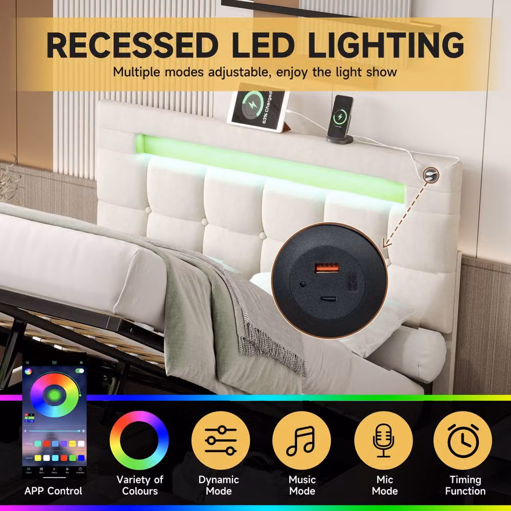 Merax Double Velvet Upholstered Ottoman Bed with LED Lighting and USB Charging Station, Beige, W: 135 cm x D: 190 cm – 3
