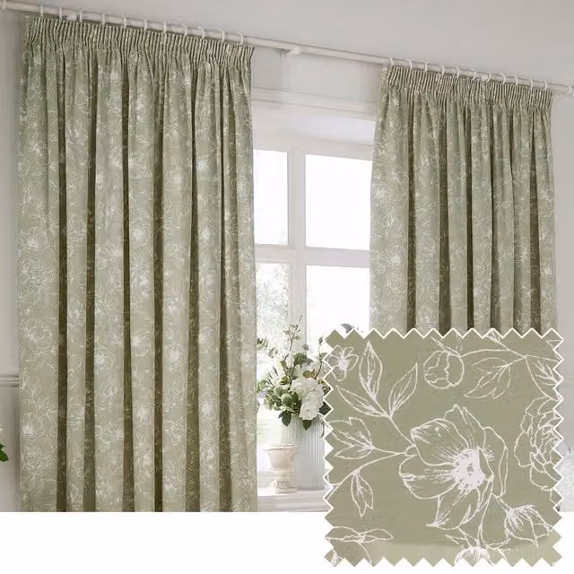 Wylder Bella Floral 100% Cotton Pencil Pleat Curtain Pair in Green, Width: 168 cm, Drop: 137 cm – 1