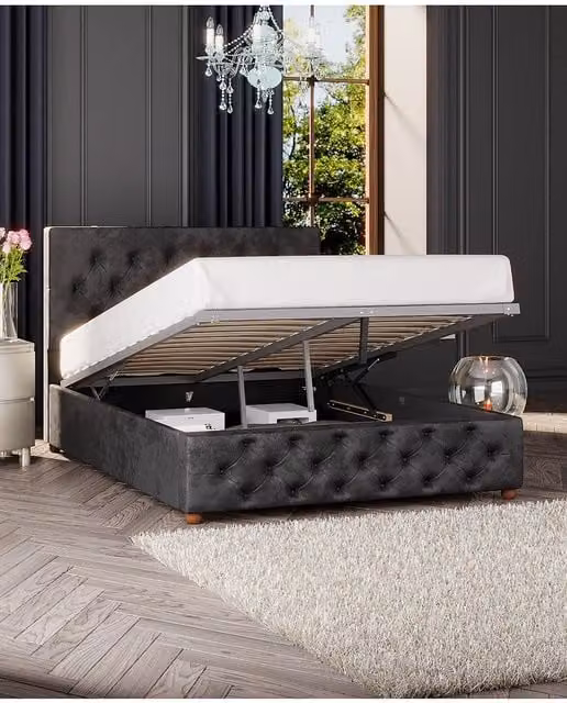 Laurence Llewelyn-Bowen Luna Ottoman Storage Bed in Black Mirazzi Velvet Fabric, King Size (W/D: 180 x 200 cm)