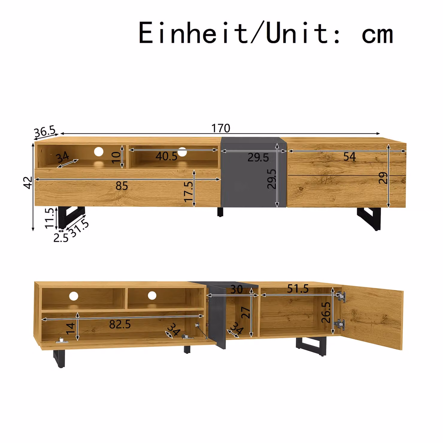 Matteo Colorblock TV Cabinet in Dark Grey and Brown with Retro Wood Grain and Three Door Storage, W/D/H: 170.0 x 42.0 x 36.5 cm – 4