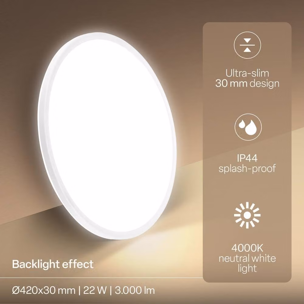 B.K.Licht White LED Slim Panel Ceiling Light, 22W, 3000lm, 4000K Neutral White, IP44 Splash-Proof, W/D/H: 42 x 42 x 3 cm – 3
