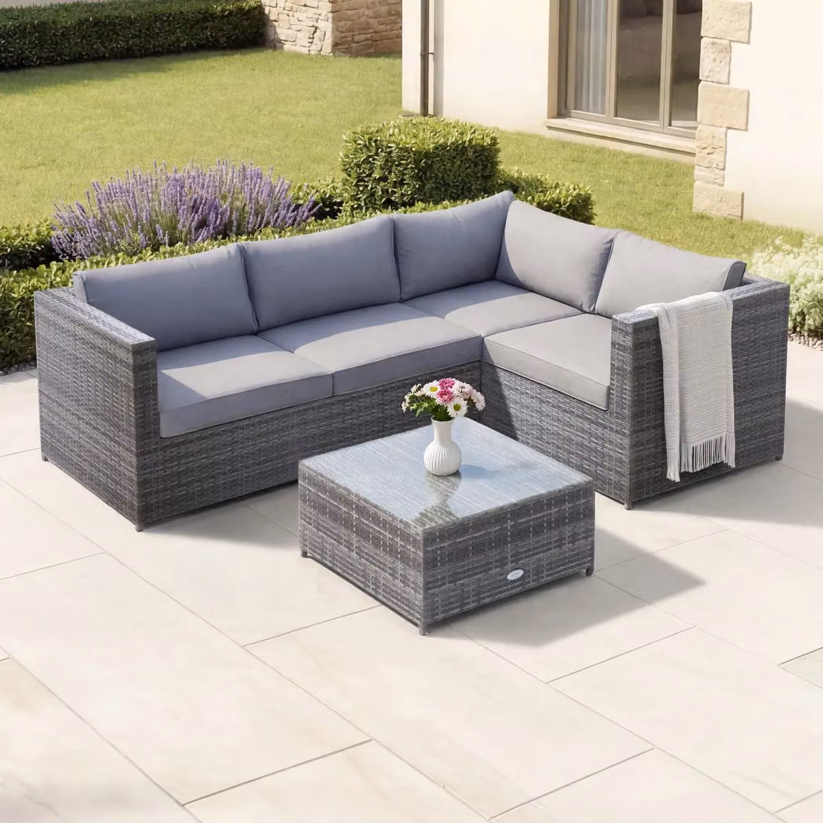 Charles Bentley Modern Rattan L-Shaped Corner Sofa and Coffee Table Set with Cushions, Grey, W/D/H: 146 x 73 x 64 cm – 2