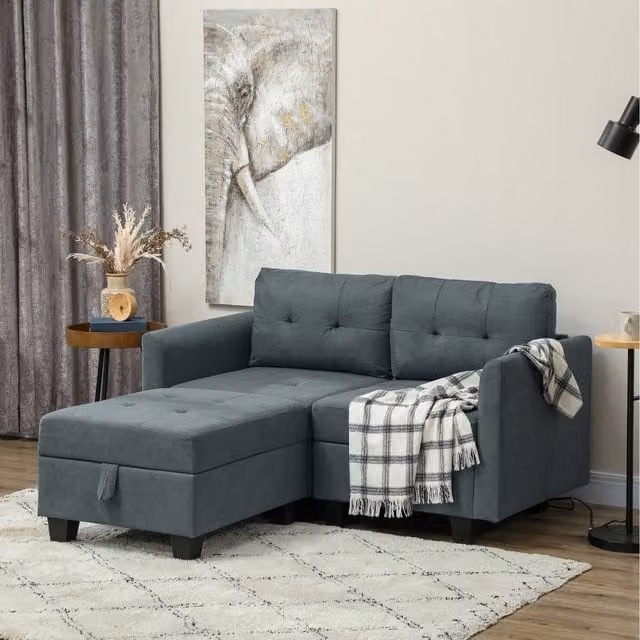 HOMCOM Modular L-Shape Sectional Sofa with Storage and Matching Ottoman, Reversible Fabric, Dark Grey
