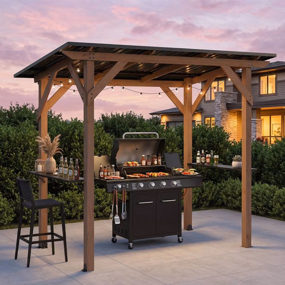 Costway Brown Cedar Wood BBQ Grill Gazebo with 2 Side Serving Shelves, W/D/H: 262.86 x 223.52 x 151.13 cm – 4