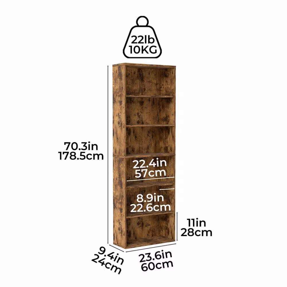 Levede 6-Tier Wooden Bookcase with Adjustable Shelves, Brown, H 178.5 cm x W 24 cm x D 24 cm – 2