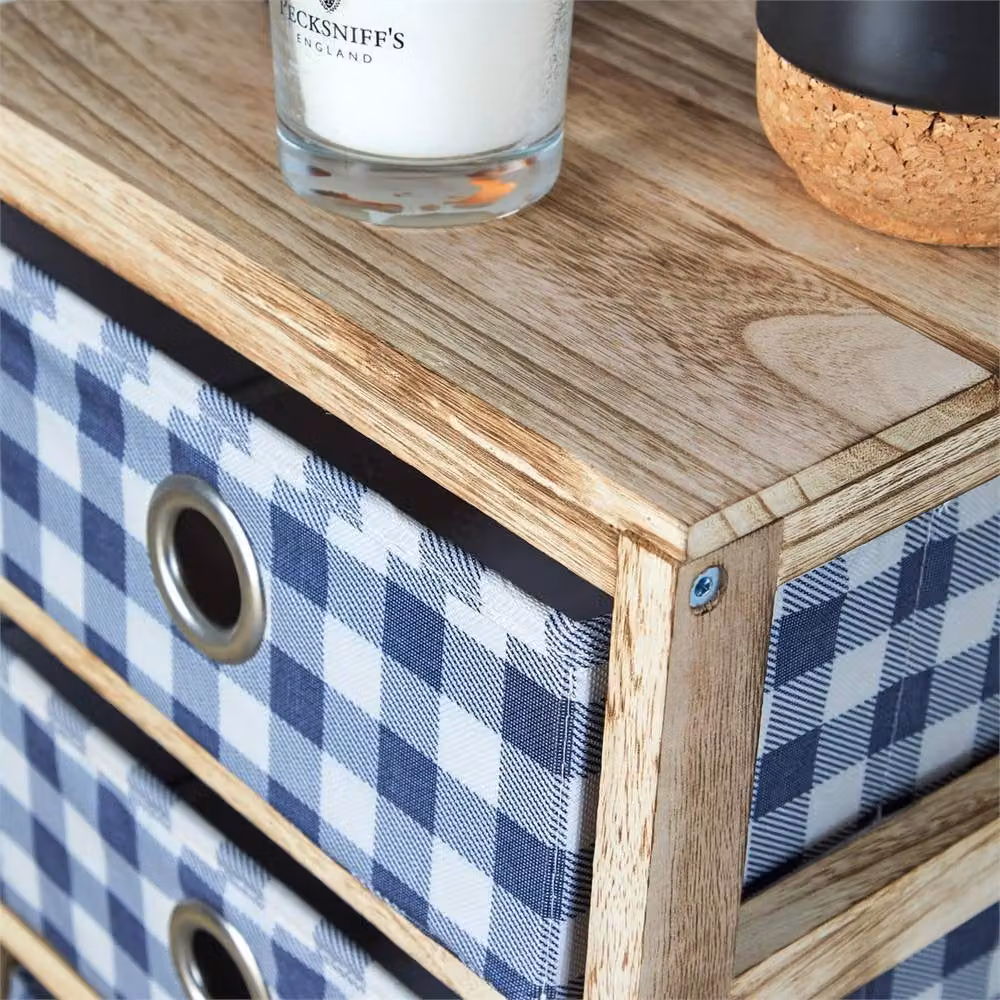 Nordara Wooden 5-Drawer Chest with Plaid Fabric in Brown and Blue, W: 100 cm, D: 100 cm – 2