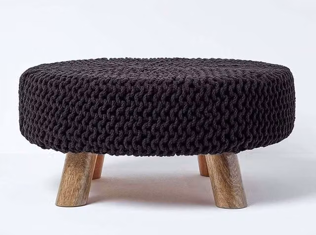 Homescapes Large Round Black Cotton Knitted Footstool with Wood Legs – 1