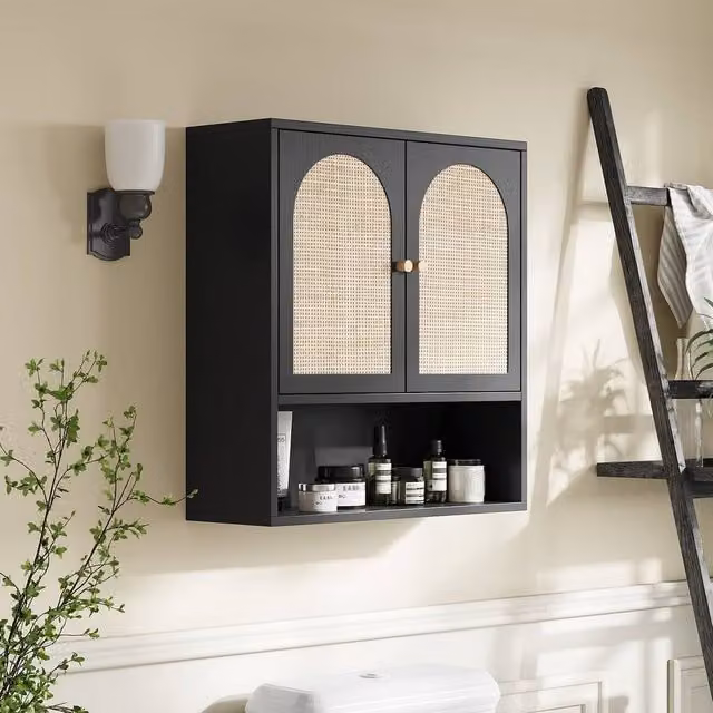 KORVIXA Black Bamboo Wall Mounted Bathroom Cabinet with Hinged Doors and Internal Shelves, W: 90 cm, H: 65 cm