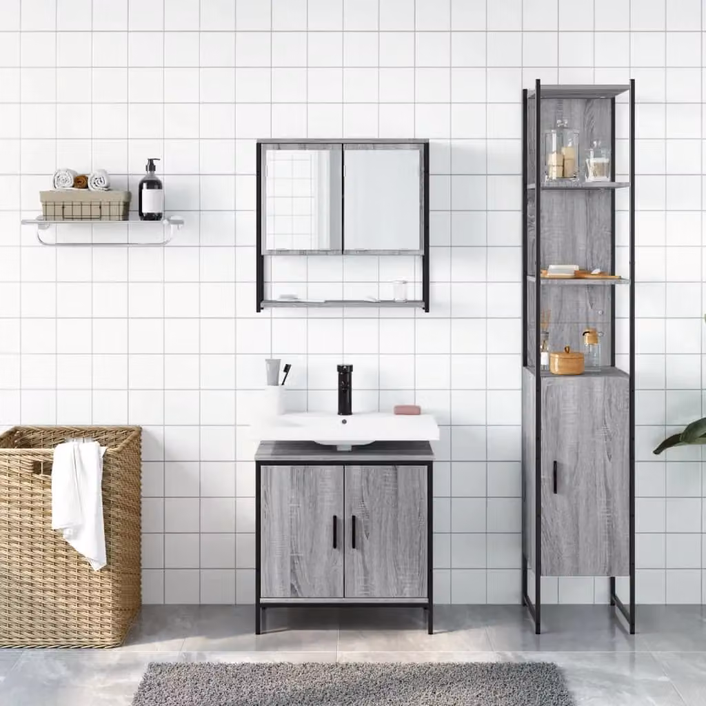 Berkfield Home 3 Piece Grey Matt Bathroom Furniture Set with Mirror Cabinet and Vanity Unit – 3