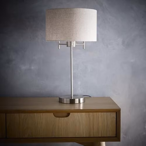 K LIVING Shirley Satin Nickel Table Lamp with Beige Fabric Lampshade